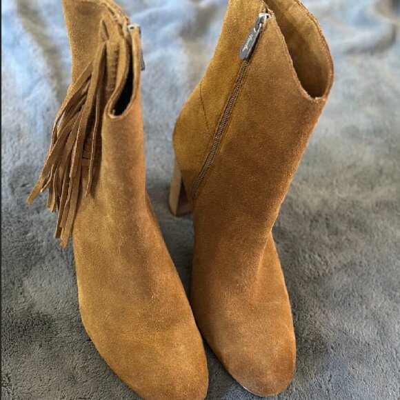 Tall Ankle Brown Suede Booties Tan Women's Size 8.5 Fringe Pointed Toe - Picture 5 of 11